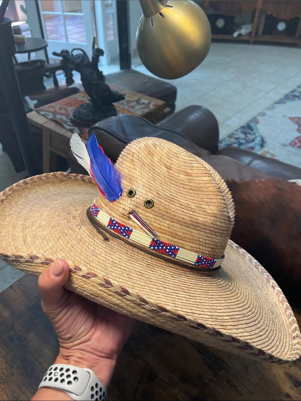 Women’s Straw Cowboy Hat with Red, Blue & White Feather - Patriotic Choncho